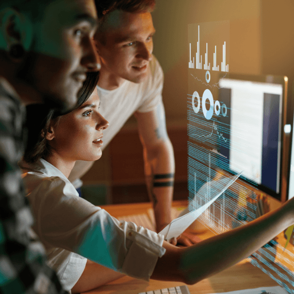 Technology team collaborating with data overlays, Codecraft partnership and innovation